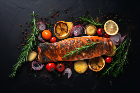 Succulent Grilled Salmon Delight: Seasoned with Fresh Herbs and Served with Vibrant Assorted Vegetables on Charcoal Black Stone Backgroundの素材