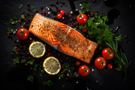 Savor the Delight: Grilled Salmon Feast with Seasoned Vegetables on a Dramatic Black Stone Canvas - AR 3:2の素材