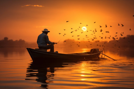 Casting Rays of Hope: A Fisherman's Morning Triumph in a Sunrise Backdropの素材