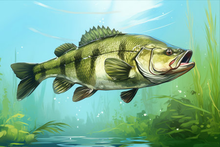 The Magnificent Catch: A Fishing Trophy of a Giant Freshwater Perch in Pristine Green Waters [AR 3:2]の素材