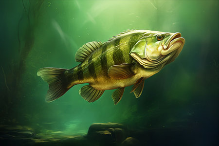 Glorious Freshwater Perch: A Fishing Achievement Unveiling the Prize on a Lush Green Canvasの素材