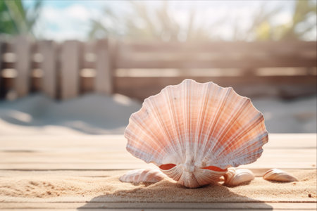 Serenity at the Seashore: A Captivating Close-Up of Seashells on a Rustic Wooden Tableの素材