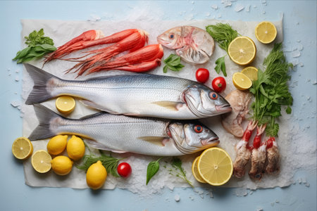 Exquisite Seafood Medley: Artful Flat Lay Composition Showcasing Raw Dorado Fish and Assorted Seafood on a Chic Light Grey Tableの素材