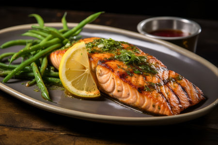 Savory Grilled Salmon Delight: A Perfect Balance of Green Beans and Tangy Lemonの素材