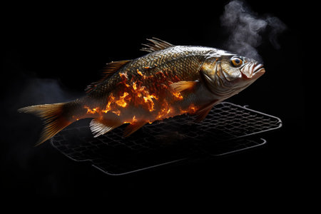 Grilled Flying Fish: A Stunning Black Background Presentationの素材