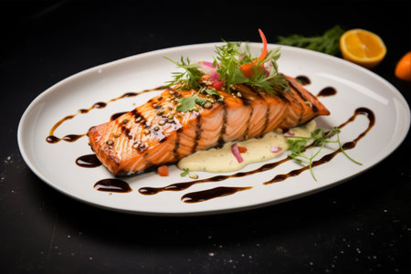 Delectable Grilled Salmon Delight with Zesty Sauce, Lemon, and Carrotの素材