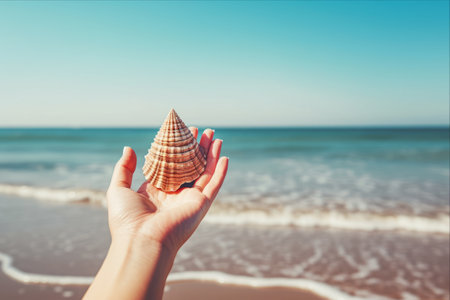 Serene Seashell: Embracing Summer Vibes with a Woman's Hand and Stunning Sea View - AR 3:2の素材