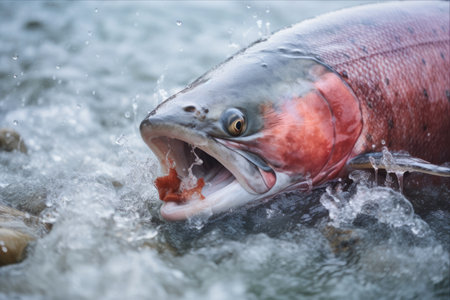 Fishing Adventure in Alaska: Landing Fresh Coho Salmon on a Pink Lure in Egegik Riverの素材