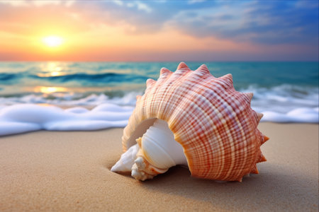 Majestic Seashell Glistening by the Shoreline Amidst a Captivating Wave - AR 3:2の素材