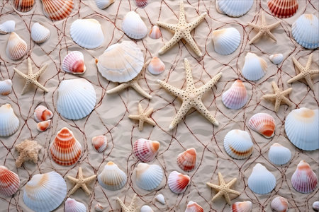 Embracing the Coastal Serenity: A Captivating Flat Lay of Seashells and Sea Networks Adorned with a Rope Backgroundの素材