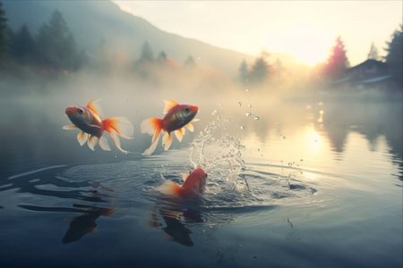 Mesmerizing Migration: Goldfish Vaulting from Aquarium to the Misty Morning Lake!の素材
