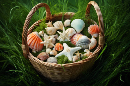 Nature's Treasures: Seashells and Starfish Resting in a Basket Amidst Lush Green Grassの素材