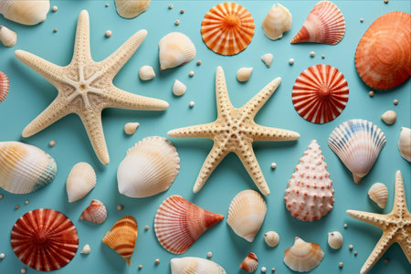Underwater Harmony: Seashells and Starfish Dancing on a Colored Canvasの素材