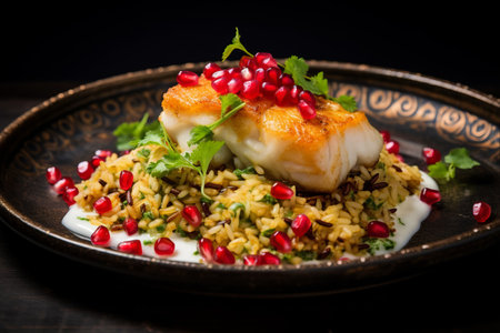 Bursting with Flavors: Hake atop a Biryani and Lentil Delight garnished with Pomegranate Seedsの素材