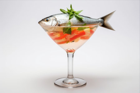 A Delectable Mediterranean Fish Cocktail: Close-Up on a White Background (Aspect Ratio 3:2)の素材