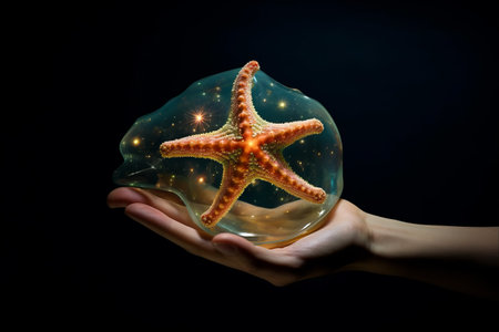 Enchanting Encounter: An Intimate View of a Starfish Held in the Hand of a Manの素材