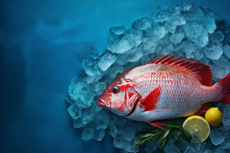 Captivating Culinary Delight: Fresh Parrot Fish Sizzling on a Blue Stone Backgroundの素材
