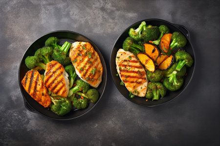 A Nutritious Delight: Baked Salmon Steaks with Colorful Vegetable Medley in a Cast Iron Casserole Bowlの素材