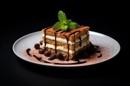 Indulge in Guilt-Free Pleasure: Irresistible Tiramisu Dessert Served on a Sleek Black Canvasの素材