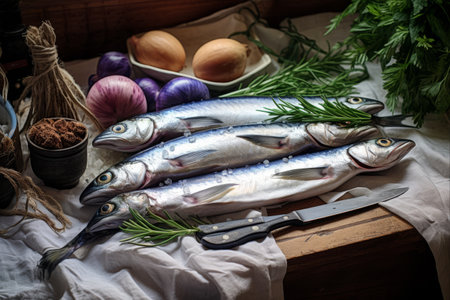 Deliciously Fresh: Whole Mackerels Displayed on the Tableの素材