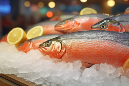 Luscious Fresh Salmon Fish Glistening with Lemon on Ice: A Mesmerizing Delight at the Marketの素材