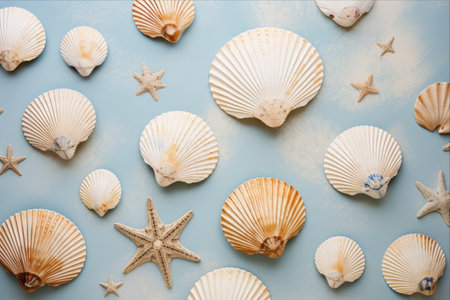 Serene Coastal Treasures: Exploring Seashells on a Tranquil Beige and Blue Canvasの素材