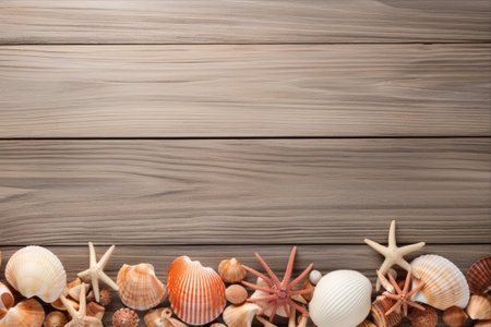 Sinking into Summer: Seashells Adorn a Serene Wooden Background with Abundant Copy Spaceの素材