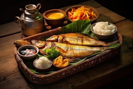 The Gastronomic Delights of Traditional Thai Cuisine: Exploring Boiled Bamboo Shoots, Fiery Chili Paste, Golden Deep Fried Snapper with Fish Sauce, and Melt-in-Your-Mouth Fried Pumpkin with Eggs on a Woven Trayの素材