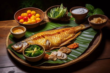 Embracing Tradition: A Delectable Thai Journey with Boiled Bamboo Shoots, Chili Paste, Deep Fried Snapper with Fish Sauce, and Fried Pumpkin with Eggs on Woven Trayの素材
