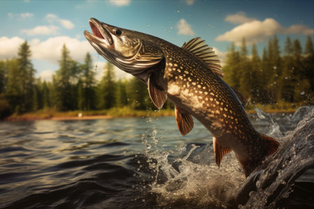 Capturing the Exhilarating Leap: Freshwater Pike Fish (Esox Lucius) in Mid-Air - AR 3:2の素材