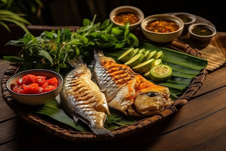 Preserving Thai Culinary Heritage: Tradition and Flavors of Homemade Boiled Bamboo Shoots, Chili Paste, Deep Fried Snapper with Fish Sauce, and Fried Pumpkin with Eggs on Woven Trayの素材