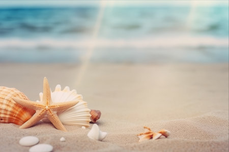 Seashells on the Sand: A picturesque Summer Beach Background for Your Travel Dreams!の素材
