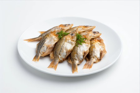 Gourmet Delicacy: Crispy Fried Small Fish Perfectly Presented on a White Plate against White Backdropの素材
