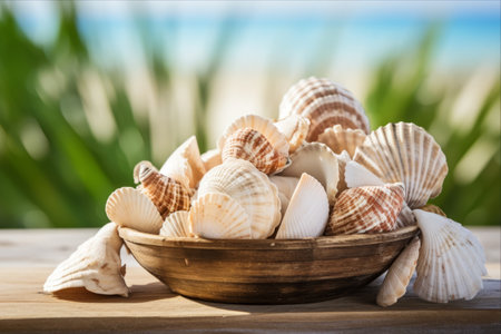 Beauty in Detail: Seashells on a Distinctive Wooden Backgroundの素材