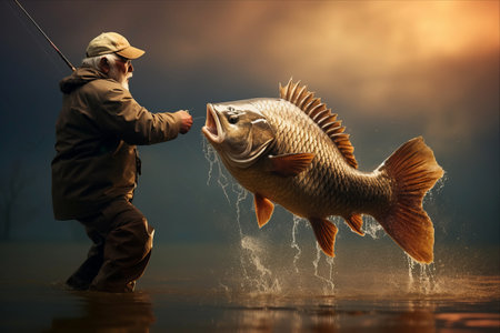 Master Angler: A Captivating Image of a Seasoned Fisherman Triumphantly Reeling in a Mighty Carpの素材