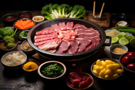 Indulge in the Exquisite Hot Pot Experience with Fresh Vegetables and Beef Meat at Our Restaurantの素材