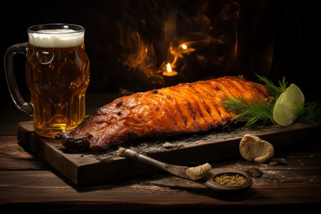 Smoky Delight: Hot Smoked Sturgeon and Beer Infusion on Rustic Wooden Backgroundの素材