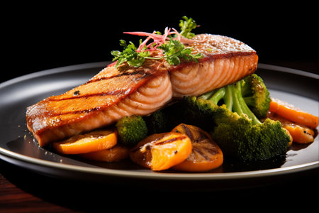 Savory Delight: A Tempting Platter of Fried Salmon, Smoked Carrots, Broccoli, and Figの素材