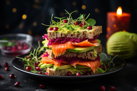 Festive Delights: Indulge in a Wholesome Gourmet Sandwich with Smoked Salmon, Avocado, Beet Hummus, and Sprouts for a Healthy Eating Experience!の素材