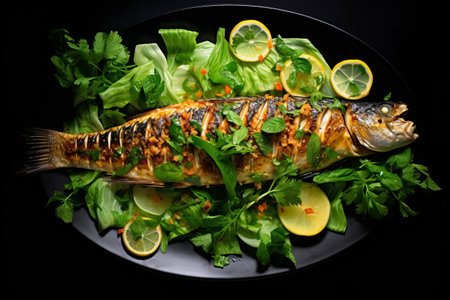 Deliciously Grilled Fish on a Bed of Fresh Green Salad Leavesの素材