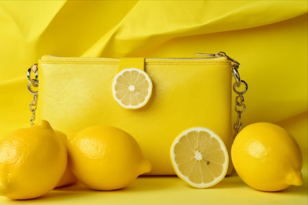 Feminine Delight: A Captivating Closeup of Lemon and a Set of Accessories on Colorful Backgroundの素材