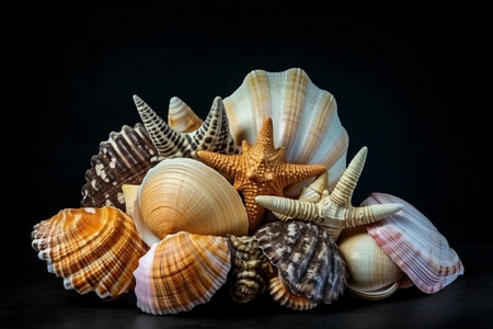 Mystical Sea Shells: Unveiling the Enigmatic Beauty on a Black Canvas (3:2)の素材
