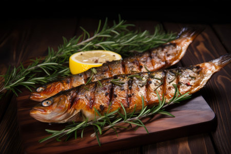 Aromatic Medley: Grilled Trout adorned with Fresh Rosemary on Wooden Background -- AR 3:2の素材