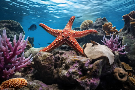 Enchanting Encounter: Magnificent Seven-Armed Starfish Amidst Devonshire Cup Coral Wonderlandの素材