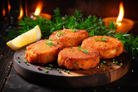 Deliciously Nutritious: Homemade Red Fish Cutlets on a Rustic Wooden Tableの素材