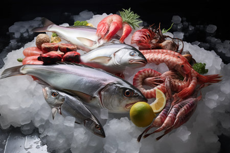 Exquisite Japanese Delicacies: Fresh Fish and Crustaceans on Iceの素材