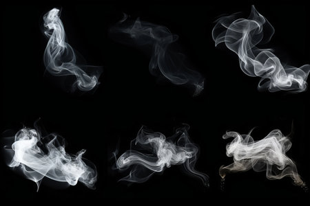 Mystical Curly White Smoke: A Serene Set of Five Ethereal Whirls on a Captivating Black Canvasの素材