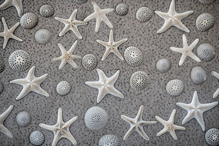 Captivating Close-Up: A Mesmerizing 3:2 Patterned Ceramic Floor in Shell, Rock, and Starfish Motifの素材