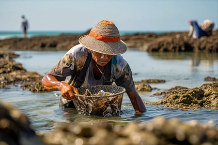 Jovial Fisherman in Quirky Helmet Ventures into Jimbaran's Waters for Shellfish Explorationの素材
