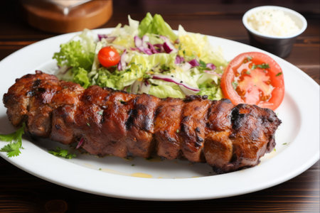 Savor the Taste: Irresistible Juicy Pork Kebab on a Pure White Plate, Perfectly Paired with a Delectable Side Dishの素材